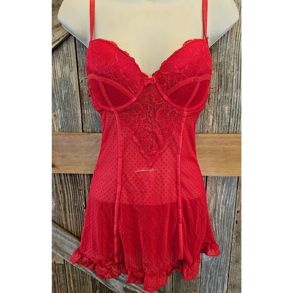 Adele NWT Frederick's of Hollywood 2 piece thong teddy lace red set sz M *FLAW* - Picture 1 of 5